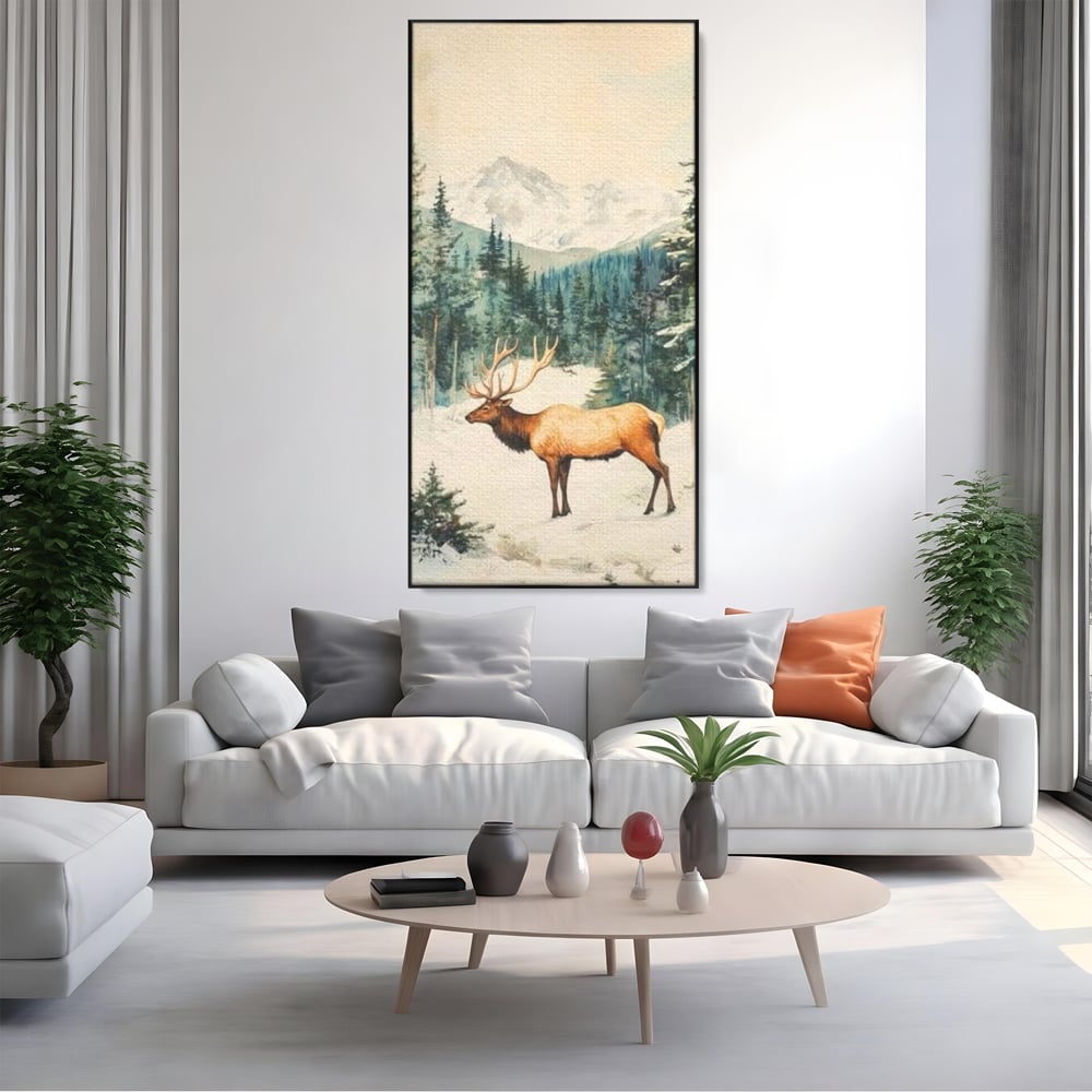 Tablou canvas cu tablou canvas cu cerb in zapada, in rama de aluminiu negru, pe perete intr-un living